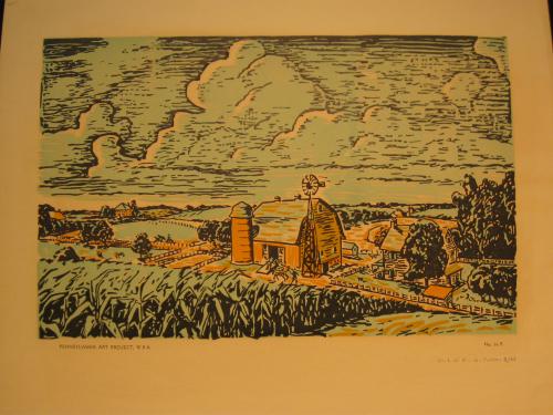 Untitled [Farm Scene with Barn & Silo] by R. Mason