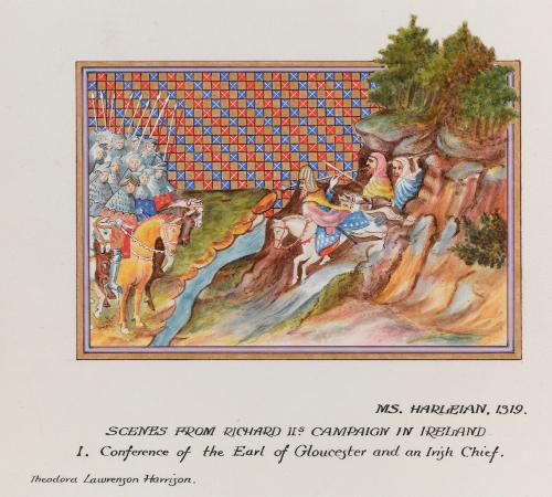 Examples of Illumination and Heraldry; Illumination from the MS. Harleian 1319: Scenes from Richard II's Campaign in Ireland--1. Conference of the Earl of Gloucester and an Irish Chief by Theodora Harrison